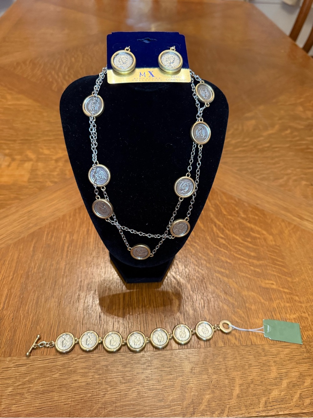 Two-Tone Coin Pendant Necklace & Bracelet Set - Silver & Gold